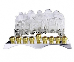 Pewter and gold plate "Jerusalem" Chanukah Menorah by aJudaica